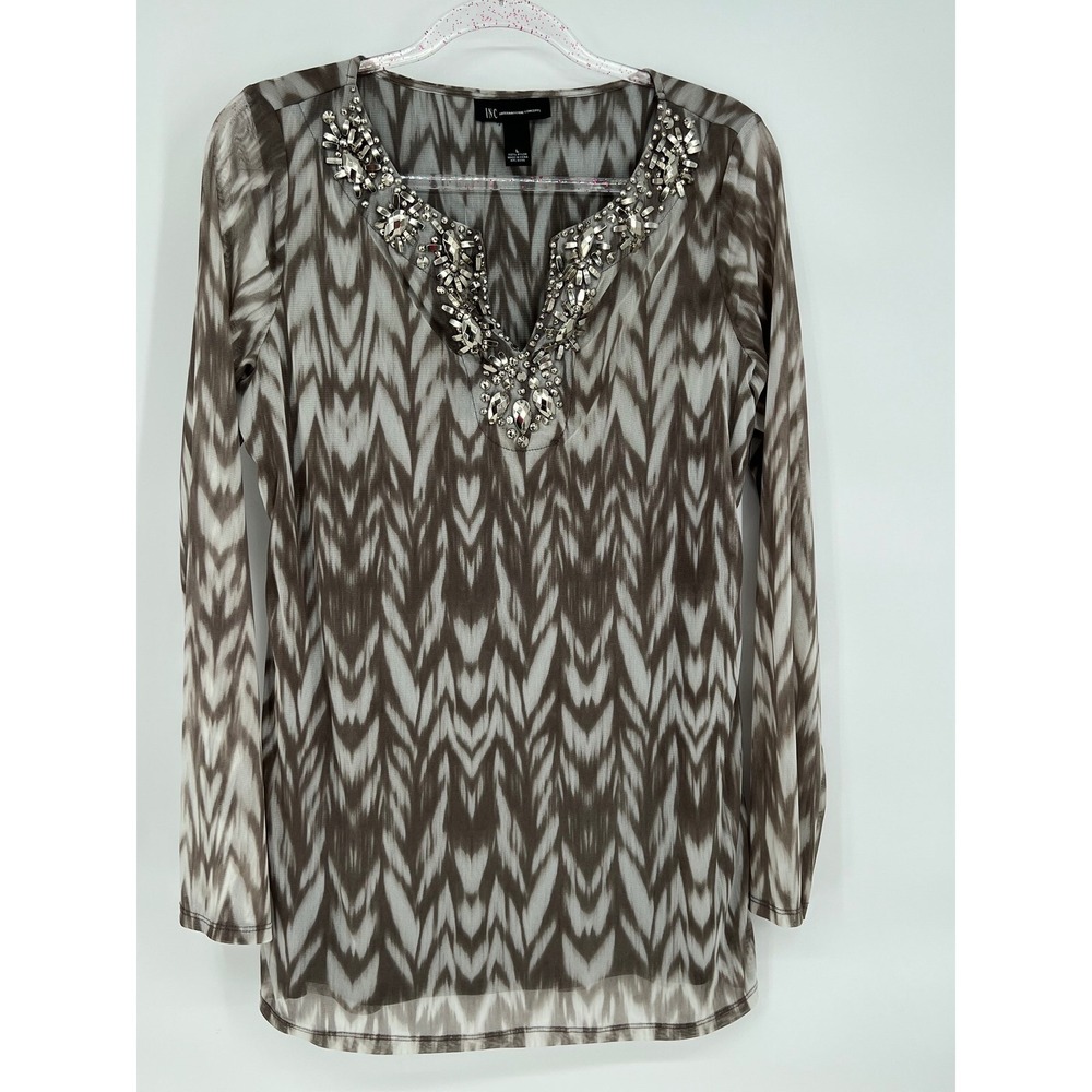 INC Embellished Blouse Long Sleeve Sheer Top Party Elegant Brown Size L Pretty!